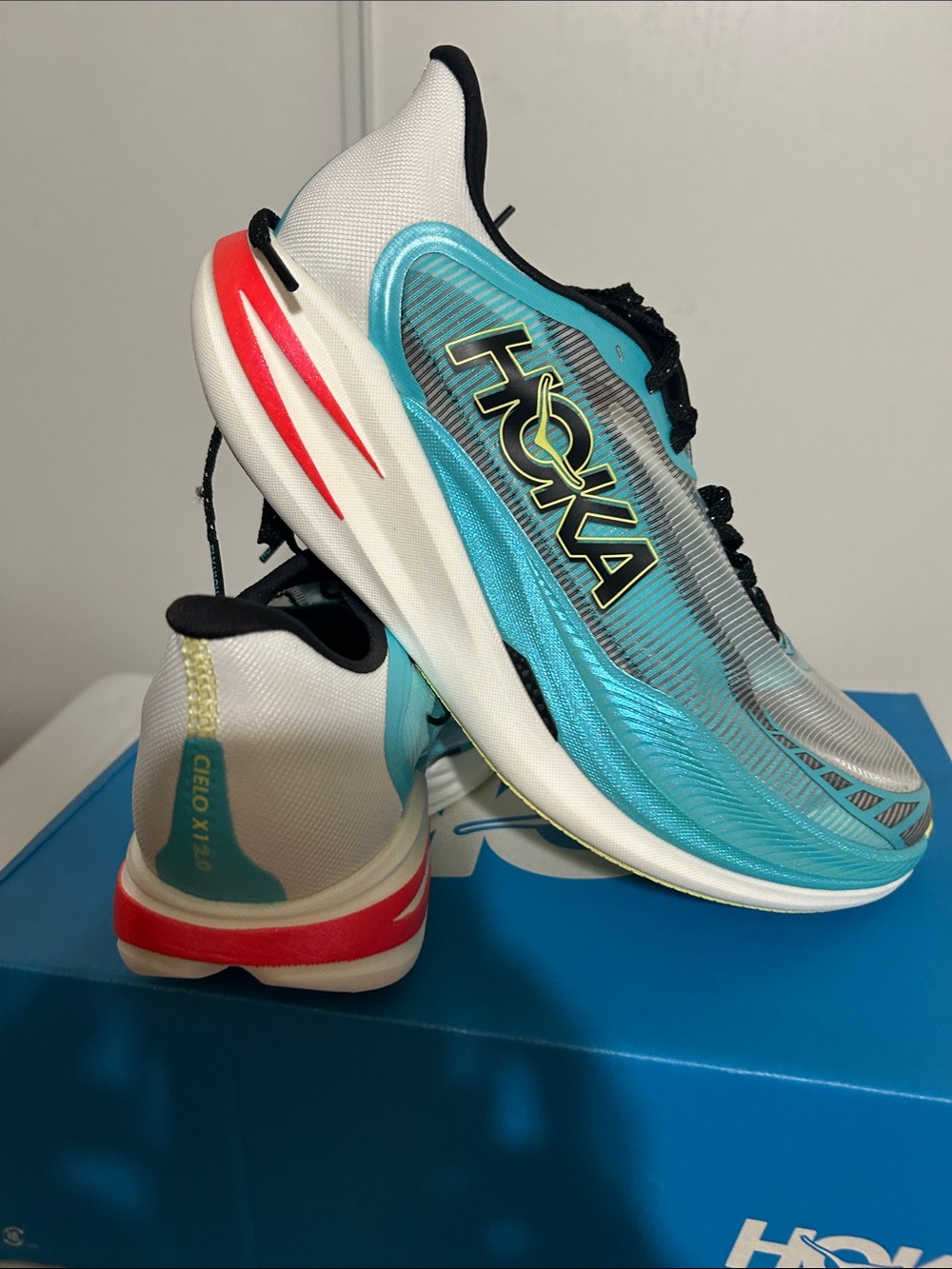 Hoka Women's Cielo X 2 Running Shoes in Aqua, White & Red Accent